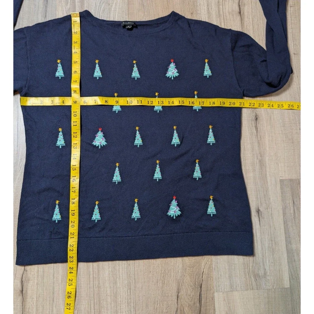Talbots Size M Knit Sweater Super Soft Holiday Tree Navy Blue Christmas Classic